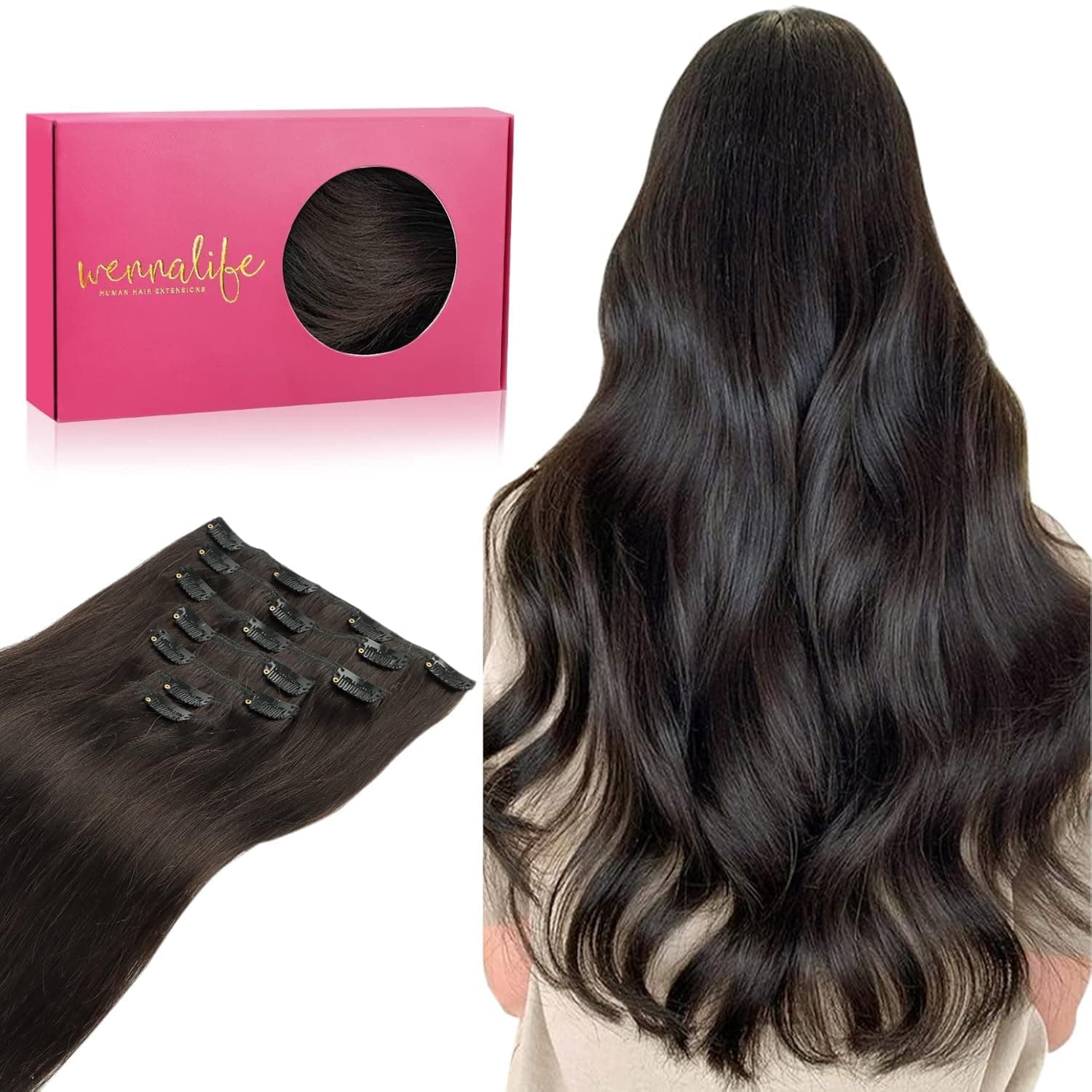 WENNALIFE Clip in Extensions Echthaar, 35cm 14 Zoll 120g 7pcs Dunkel Braun Hair Extensions Clip in Echthaar Remy Clip in Haarverlängerung Natürliche Echthaar Extensions 35cm-120g #2 Dunkel Braun