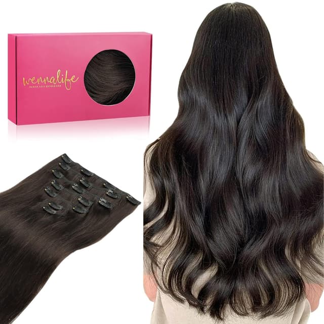 WENNALIFE Clip in Extensions Echthaar, 35cm 14 Zoll 120g 7pcs Dunkel Braun Hair Extensions Clip in Echthaar Remy Clip in Haarverlängerung Natürliche Echthaar Extensions 35cm-120g #2 Dunkel Braun