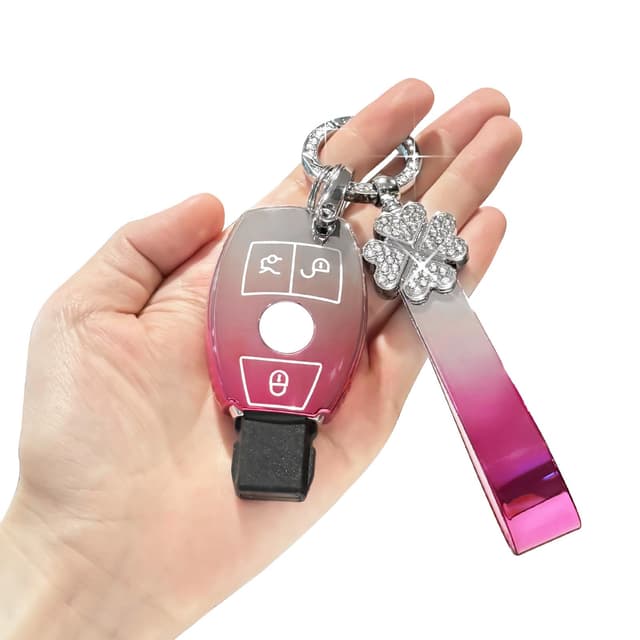 BLINGOOSE Auto Schlüssel Hülle für Mercedes Benz 3 Tasten AMG C 300 CLA CLS GLE GLA GLC GLS GLK G E S ML Glitzer Schlüsselanhänger Auto Schlüsselgehäuse Schutzhülle Frauen Girly TPU Rosa Farbverlauf