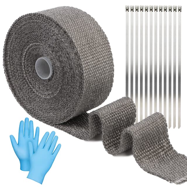 Hitzeschutzband 10M, Basaltfaser Hitzeschutzband Auspuff, mit 12 Kabelbinder und 1 Paar Gummihandschuhe, Basaltfaser Auspuffband Kabelbaum für Kraftfahrzeuge Grau 10M