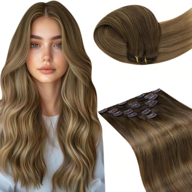 LaaVoo Clip in Extensions Echthaar Balayage Braun Extensions Echthaar Clip Remy Menschliches Haar Natürlich Clips in Extensions Mittelbraun Ombre Hellbraun Blond 7PCS 40cm 105g #6/8/14 40cm-105g 1.4#6/8/14