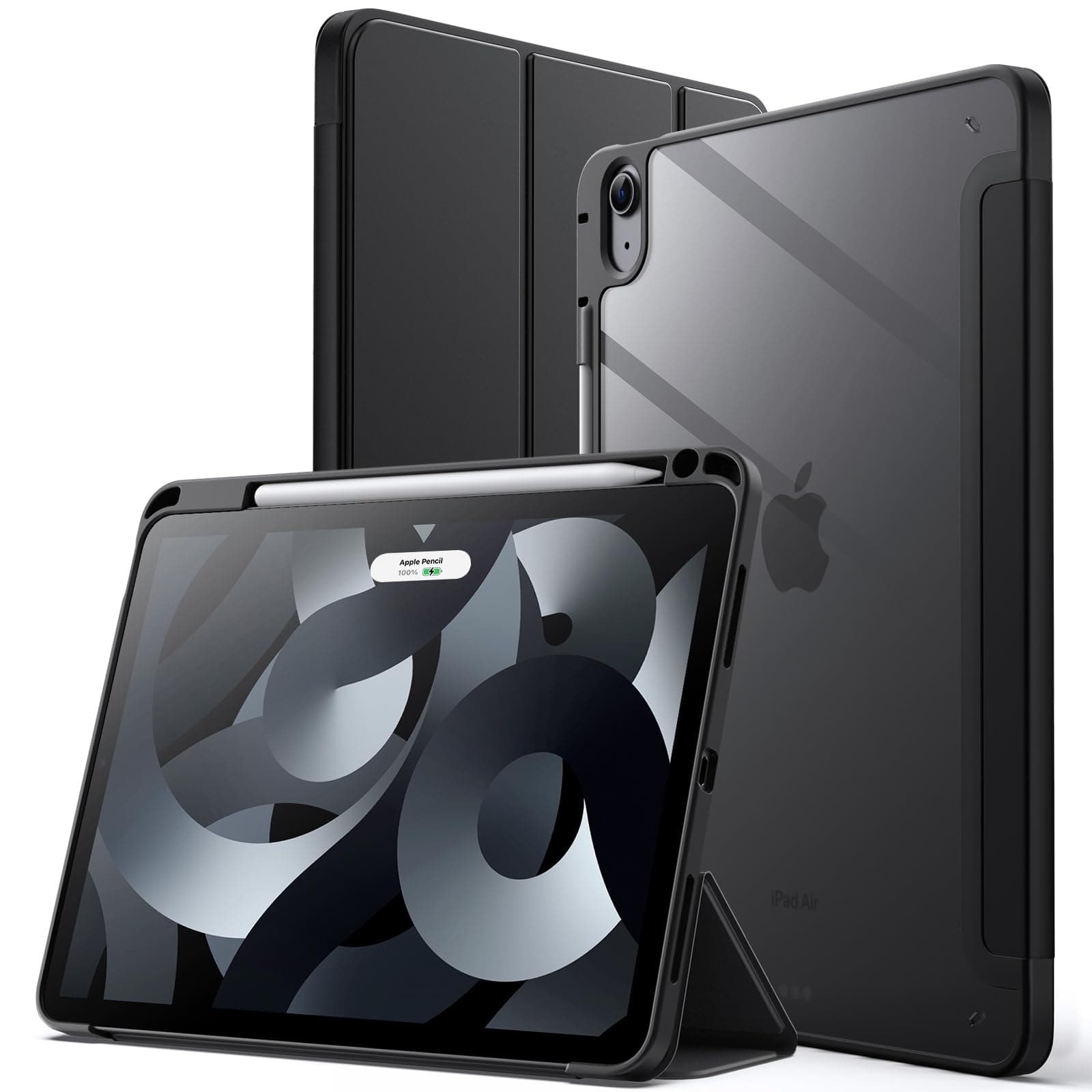 JETech Hülle für iPad Air 11 Zoll M3/M2 (2025/2024), iPad Air 5/4 (10,9-Zoll, 2022/2020, 5./4.) mit Stifthalter, Klare Transparente Rückseitenschale Dünner Ständer Tablet Schutzhülle (Schwarz)