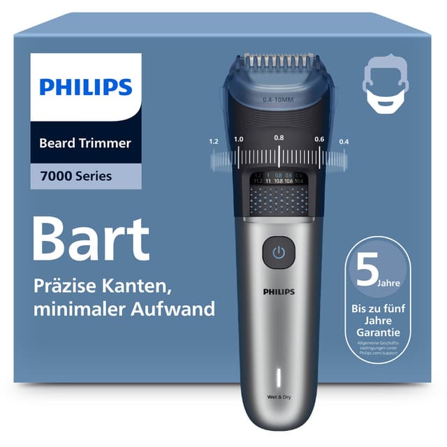 Philips Bartschneider 7000er-Serie – selbstschärfende Metallklingen, 40 Längeneinstellungen, BeardSense-Technologie, Haarkollektor, 100% wasserdicht, breiter Trimmer, Modell BT7670/15 [Neu] BT7000, 40 Längeeinstellungen, Haarfänger, USB-Ladestation
