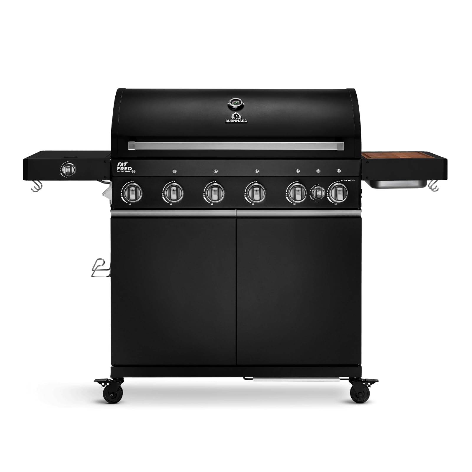 BURNHARD 6-Brenner Gasgrill Fat FRED Deluxe BLACK Series 3 inkl. Backburner, 900°C Infrarot-Keramikbrennern, Seitenkochfeld, Gusseisen-Grillrost, Grillabdeckung, Grillwagen, klappbare Seitentische Fat FRED Deluxe BLACK 2023 Schwarz