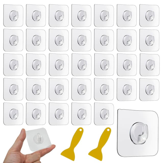 MOSTFUN 35 Stück Haken Selbstklebend, Transparenter Selbstklebende Haken mit Schaber Klebehaken Extra Stark Wasserdicht Wandhaken Selbstklebend Ohne Bohren für Küche Bad Türwand Wohnzimmer 15kg (Max)