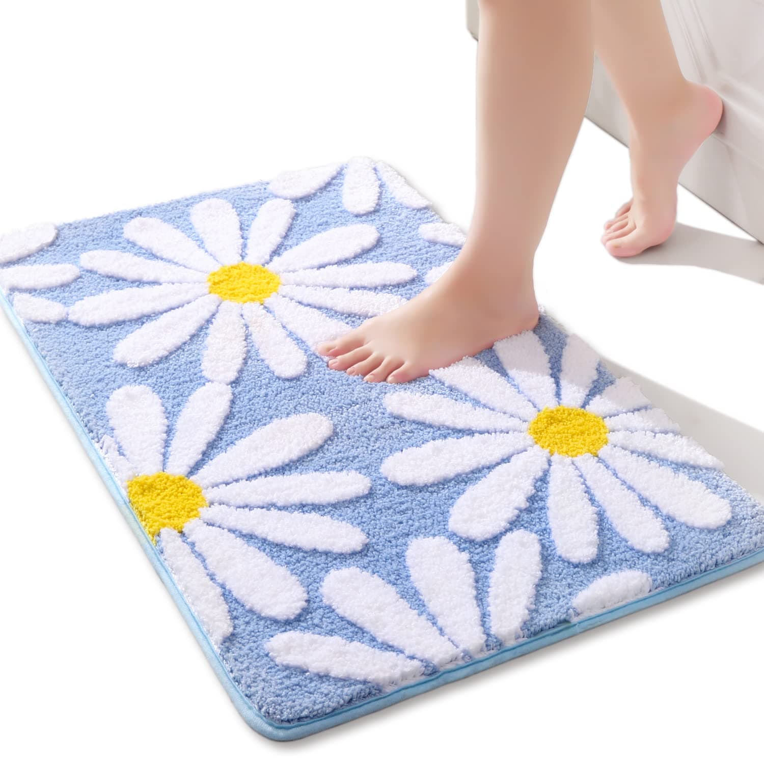 QJHOMO Blau Badezimmerteppich Niedliche Gänseblümchen Badematte rutschfest Waschbar Badteppich Weiße und Gelbe Blume Badvorleger Weiche Duschvorleger Absorbierende Badezimmer Teppich 40x60 cm 40 x 60 cm (Rechteckig) Blau