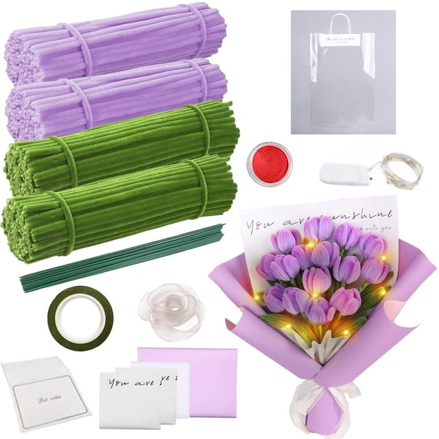 YOUYIKE Pfeifenputzer zum Basteln, Chenilledraht DIY Kreativ Set Erwachsene mit LED-Licht Pipe Cleaner Flower Dekoration Sachen Blumen Basteln mit Grüne Blumenstöcke Blumenstraußverpackungen Romantisches Lila