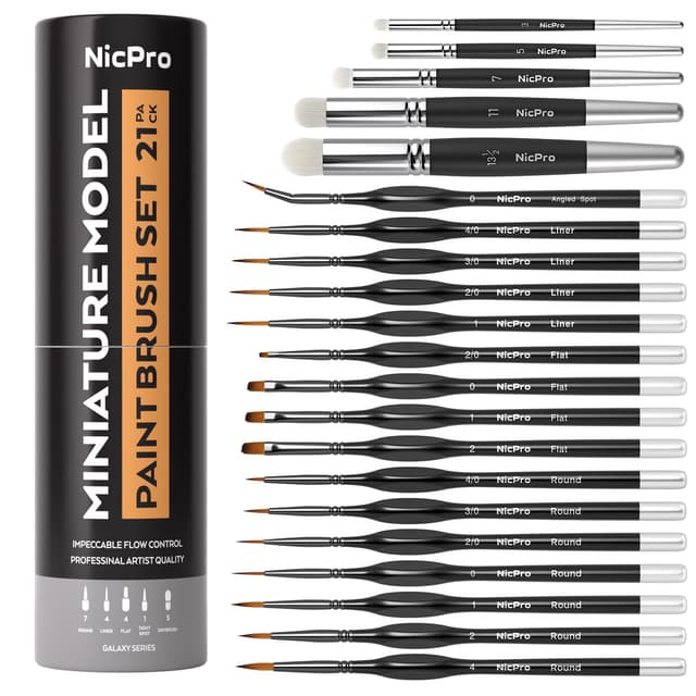 Nicpro Feine Pinselset Drybrush, 21-teiliges Miniatur Pinsel, Fein Detail Modellbau Malen Pinsel und Dry Brush für Acryl, Aquarell, Malen nach Zahlen, Modell, Figur, pinselset acrylfarben mit Behälte 21 Stück