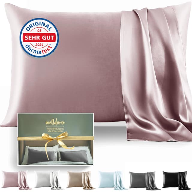 Welldora Kissenbezug aus 100% Seide 50x70 | Hohes Gewicht: 22 Momme, ideal für Haut und Haar | Höchste Güteklasse 6A | Streng Zertifiziert in der Schweiz | Oeko-Tex* Seidenkissenbezug Zartrosa Zartrosa Kissenbezug 50 x 70 cm