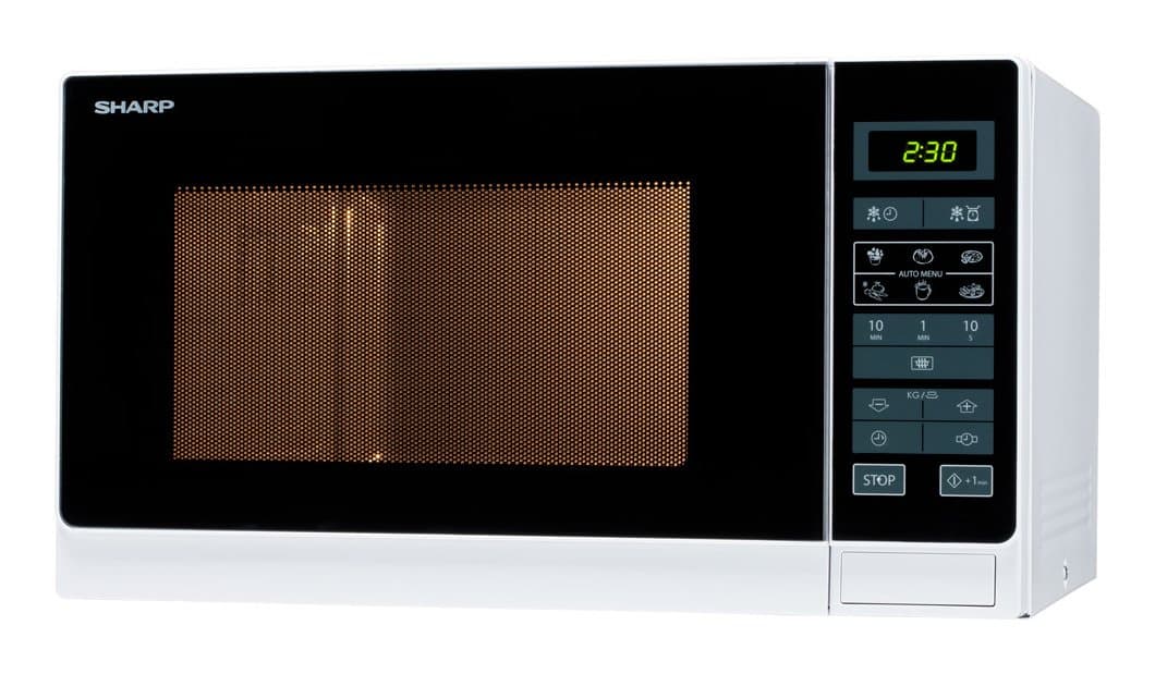 Sharp R342WW Solo-Mikrowelle / 25 L / 900 W/LED-Display / 8 Automatikprogramme/Timer/Gewichtgesteuertes Auftauen/Kindersicherung/Energiesparmodus/Glasdrehteller (31,5 cm) / Weiß