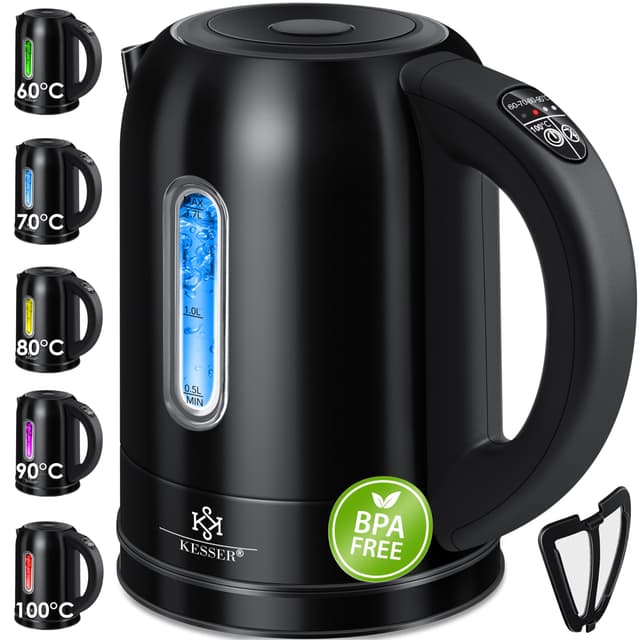 KESSER Wasserkocher 2200W Edelstahl 1,7L mit LED Beleuchtung-Farbe je nach Temperaturwahl 60, 70, 80, 90, 100 °C | Inkl. 70cm Kabel, Teefiltereinsatz & Kalk-Filter, BPA- FREE, 2 Std Warmhaltefunktion Schwarz