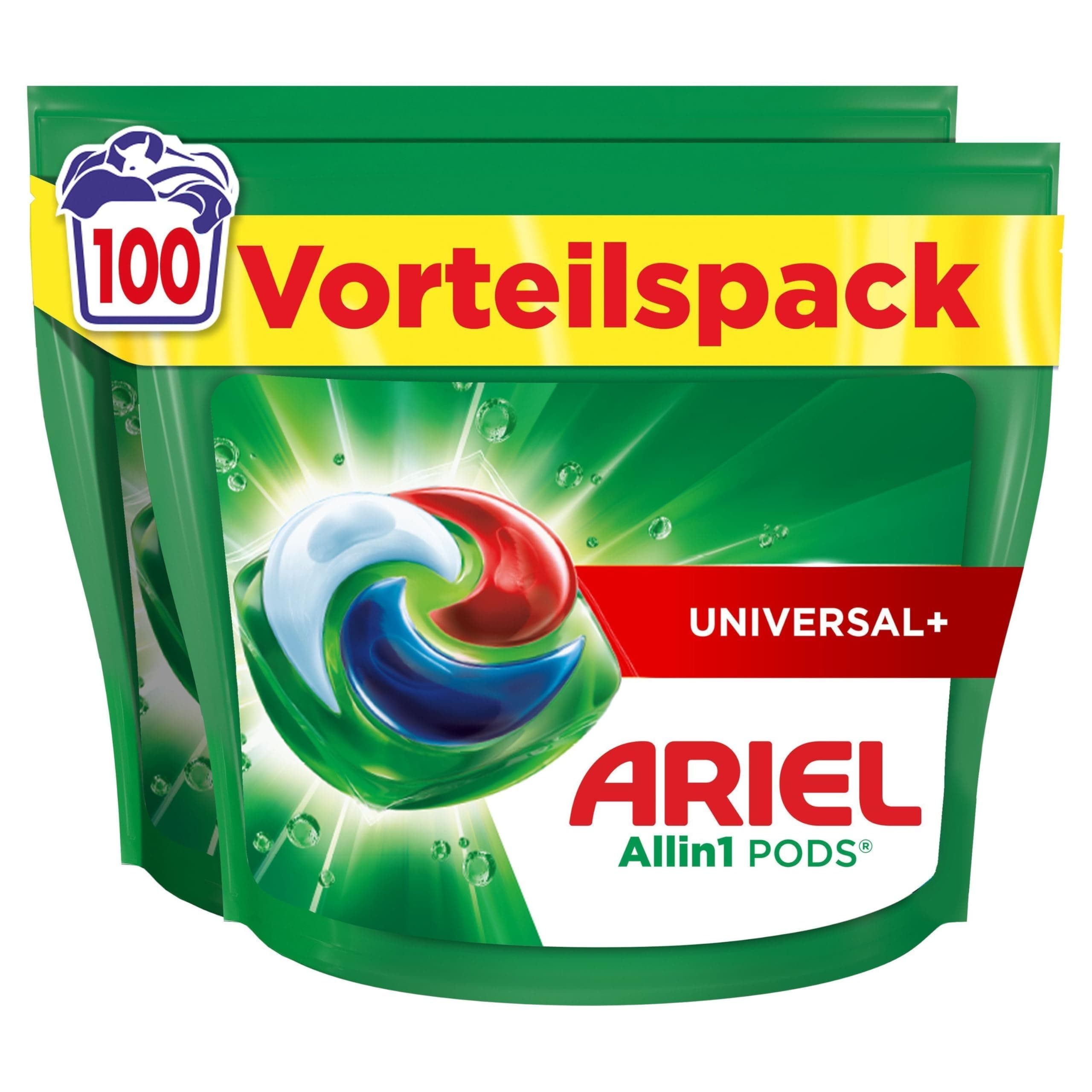 Ariel Waschmittel Pods All-in-1, Flüssigwaschmittel Kapseln 100 Waschladungen, Universal+, Kraftvolle Fleckentfernung ab der 1. Wäsche 100 stück (1er Pack)