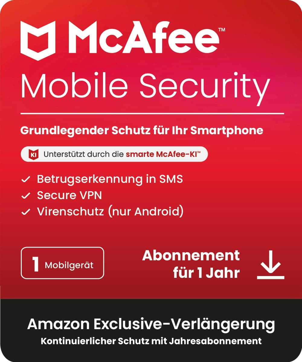 McAfee Mobile Security, Virenschutz-Software für 1 Gerät (Android/iOS), 1-Jahres-Abonnement, mit automatischer Verlängerung [Exklusives Amazon-Abonnement] Activation code via email Mobile 1 Gerät