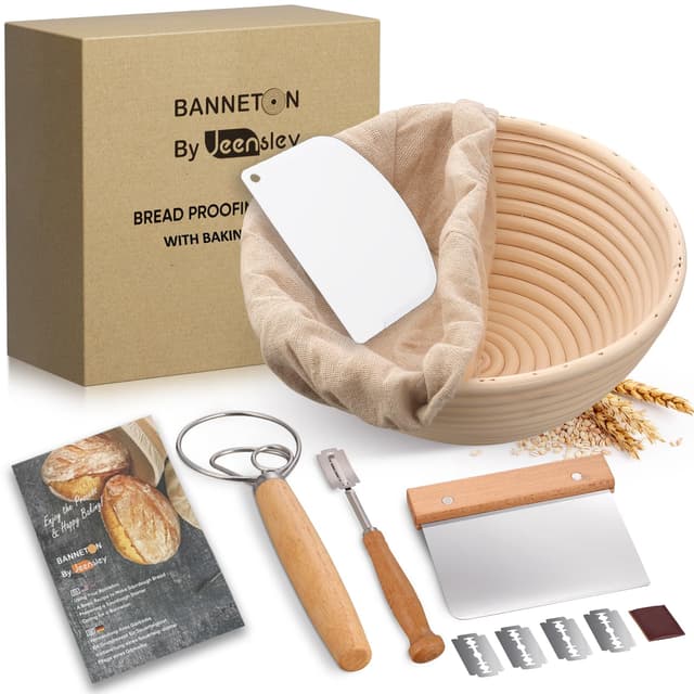 Jeensley Gärkörbchen Sauerteig Brotbacken Set Box verpackter runder Sauerteigbrot Gärkorb mit Broschüre, Liner und Brot Backen Zubehör, Handgefertigtes hochwertiges Sauerteig Starter Set