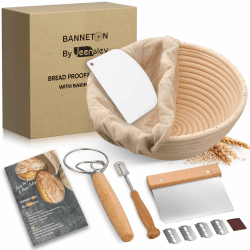 Jeensley Gärkörbchen Sauerteig Brotbacken Set Box verpackter runder Sauerteigbrot Gärkorb mit Broschüre, Liner und Brot Backen Zubehör, Handgefertigtes hochwertiges Sauerteig Starter Set