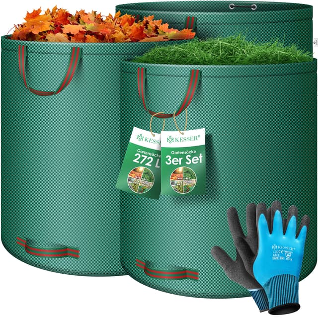 KESSER® Gartensack 3x 272L Set Laubsack Gartenabfallsack inkl. Handschuhe - Selbststehend 4 Griffe Stabil Robust & Faltbar - Rasenschnitt für Gartenabfälle Grünschnitt Grün 272 l (3er Pack) Grün