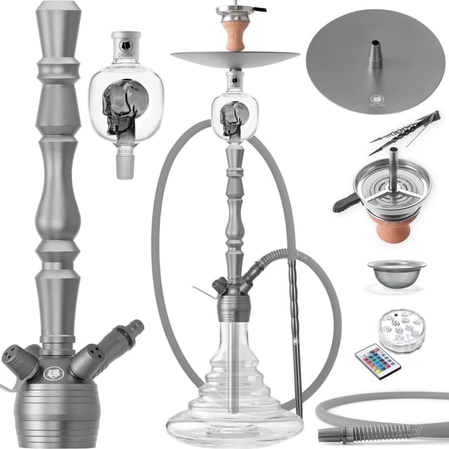 DILAW® Shisha Set Vatos 93cm Aluminium Wasserpfeife Hookah Profi Zubehör Komplett-Set bis 4-Anschlüsse inkl. LED Licht, Kaminkopf, Molassefänger, Silikonschlauch, Alu Mundstück, Tonkopf, Kaminaufsatz Big Size Grau