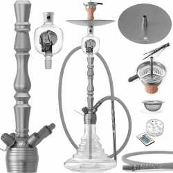 DILAW® Shisha Set Vatos 93cm Aluminium Wasserpfeife Hookah Profi Zubehör Komplett-Set bis 4-Anschlüsse inkl. LED Licht, Kaminkopf, Molassefänger, Silikonschlauch, Alu Mundstück, Tonkopf, Kaminaufsatz Big Size Grau