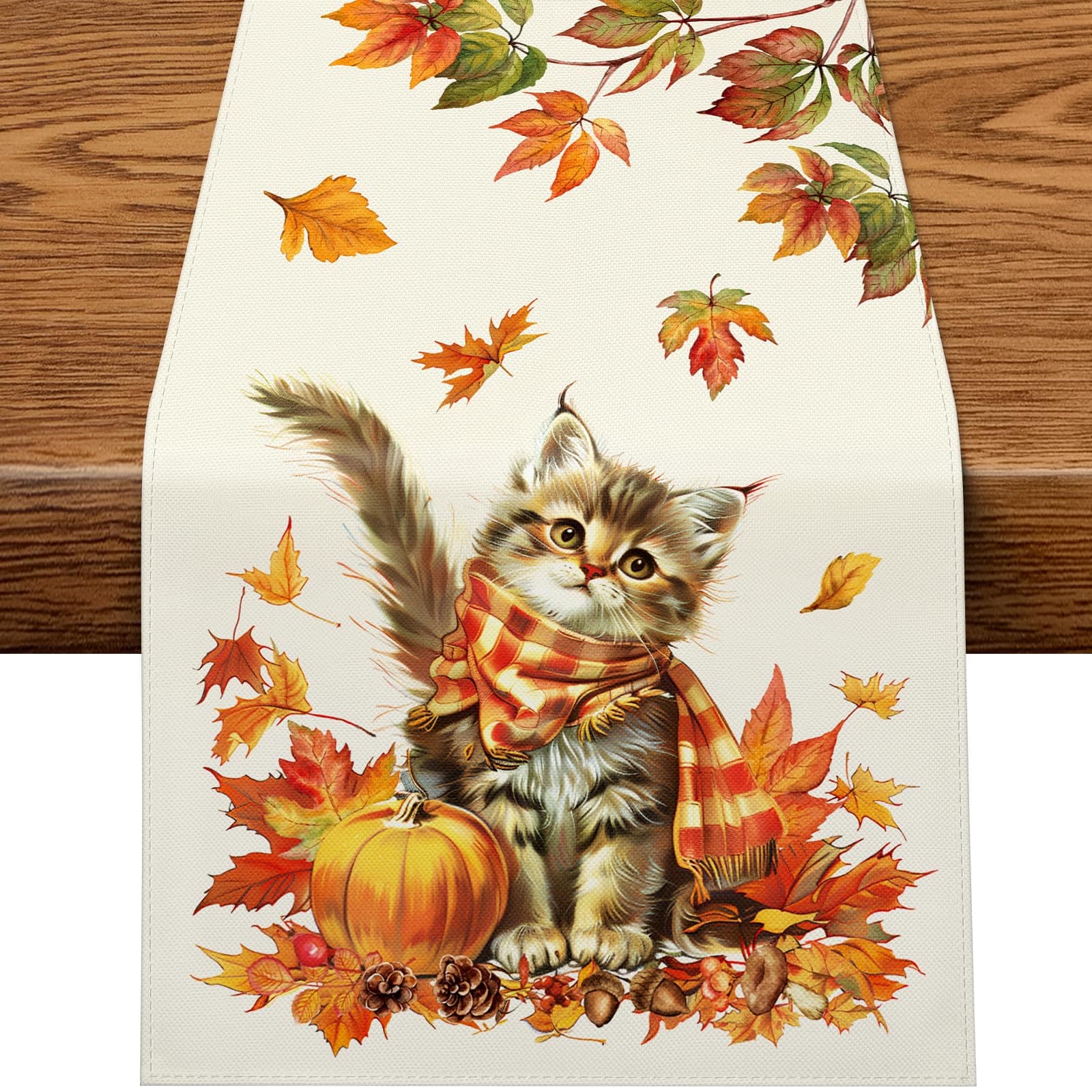 PITMT Tischläufer Herbst 40x140 cm, Herbstdeko Tischläufer Süße Katze Saisonnal Küche Tisch Dekoration, Herbst Deko Tisch Tischdecke Kürbisse Ahornblätter für Drinnen Urlaub Party Herbstdekoration 40 x 140 cm