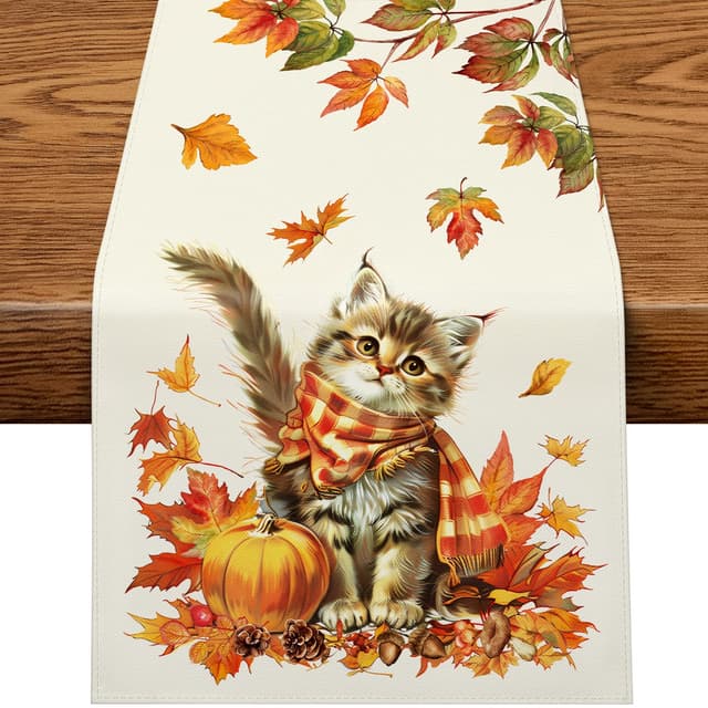 PITMT Tischläufer Herbst 40x140 cm, Herbstdeko Tischläufer Süße Katze Saisonnal Küche Tisch Dekoration, Herbst Deko Tisch Tischdecke Kürbisse Ahornblätter für Drinnen Urlaub Party Herbstdekoration 40 x 140 cm