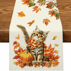 PITMT Tischläufer Herbst 40x140 cm, Herbstdeko Tischläufer Süße Katze Saisonnal Küche Tisch Dekoration, Herbst Deko Tisch Tischdecke Kürbisse Ahornblätter für Drinnen Urlaub Party Herbstdekoration 40 x 140 cm