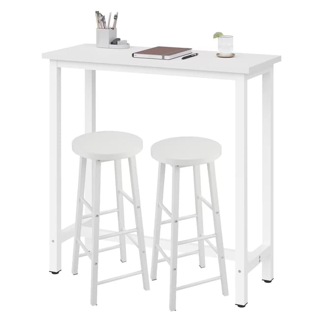 WOLTU Bartisch Set mit 2 Barhockern, 3-teilige Essgruppe mit Küchenstühlen, Esstisch & 2 Hockern aus Metall & Holz für Küchen Wohnzimmer, Weiß 100x40x100cm Weiß