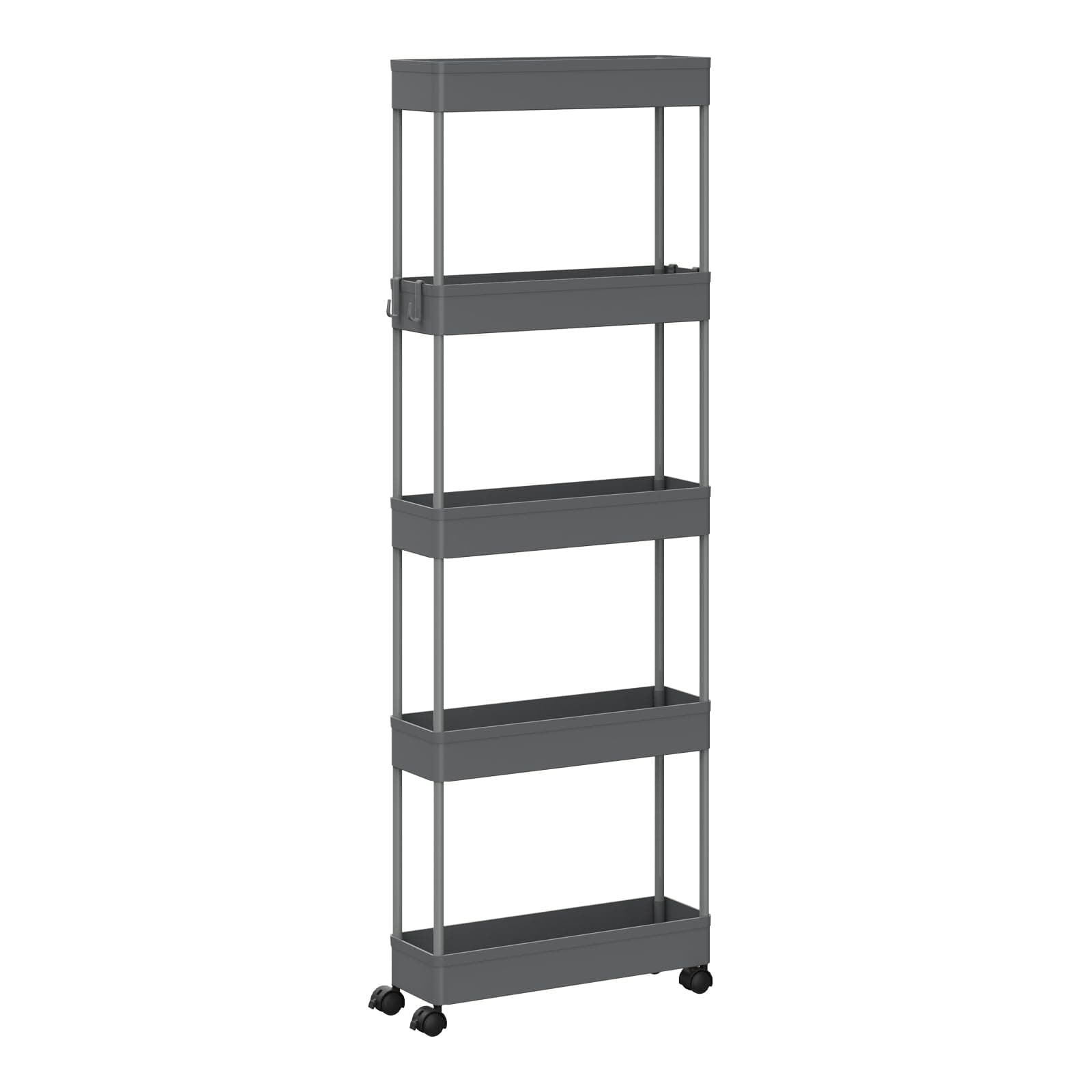 Klihome Servierwagen mit 5 Ebenen, Küchenwagen Nischenwagen Nischenregal mit Rollen, durchbrochendem Design, 4 Haken, Rollwagen für Schlafzimmer Küche Wohnzimmer, 39 x 107,5 x 12,5 cm, Grau
