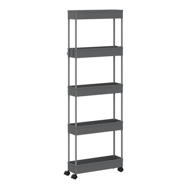 Klihome Servierwagen mit 5 Ebenen, Küchenwagen Nischenwagen Nischenregal mit Rollen, durchbrochendem Design, 4 Haken, Rollwagen für Schlafzimmer Küche Wohnzimmer, 39 x 107,5 x 12,5 cm, Grau