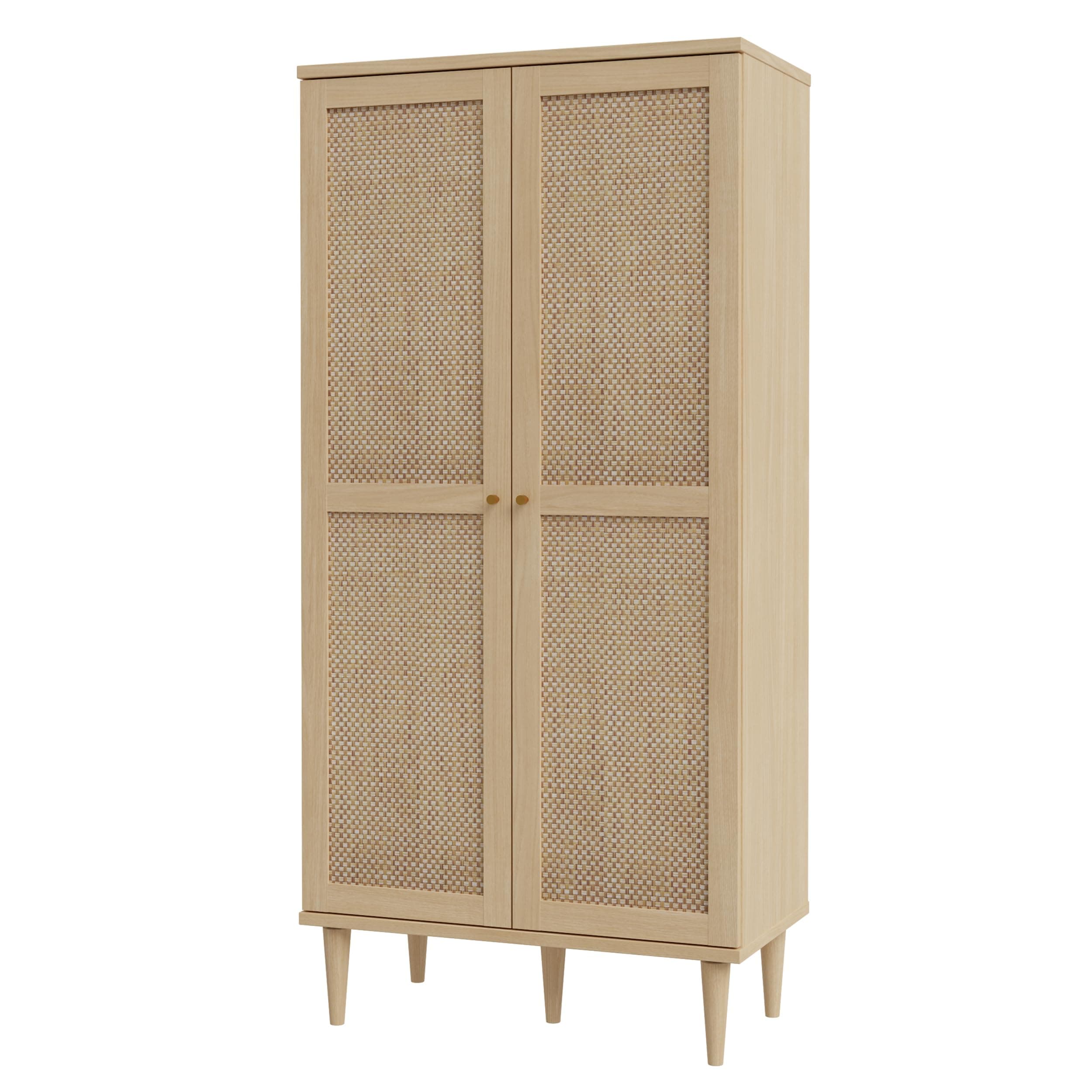 FORTE CALASETTA Kleiderschrank 80, Schrank im Boho-Stil, Wiener Geflecht, Holzdekor Elegancia Eiche/Technorattan, 80 cm breit x 167 cm hoch x 41 cm tief Kleiderschrank 2-türig schmal