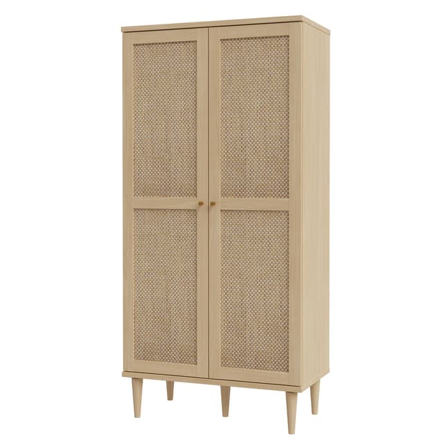FORTE CALASETTA Kleiderschrank 80, Schrank im Boho-Stil, Wiener Geflecht, Holzdekor Elegancia Eiche/Technorattan, 80 cm breit x 167 cm hoch x 41 cm tief Kleiderschrank 2-türig schmal