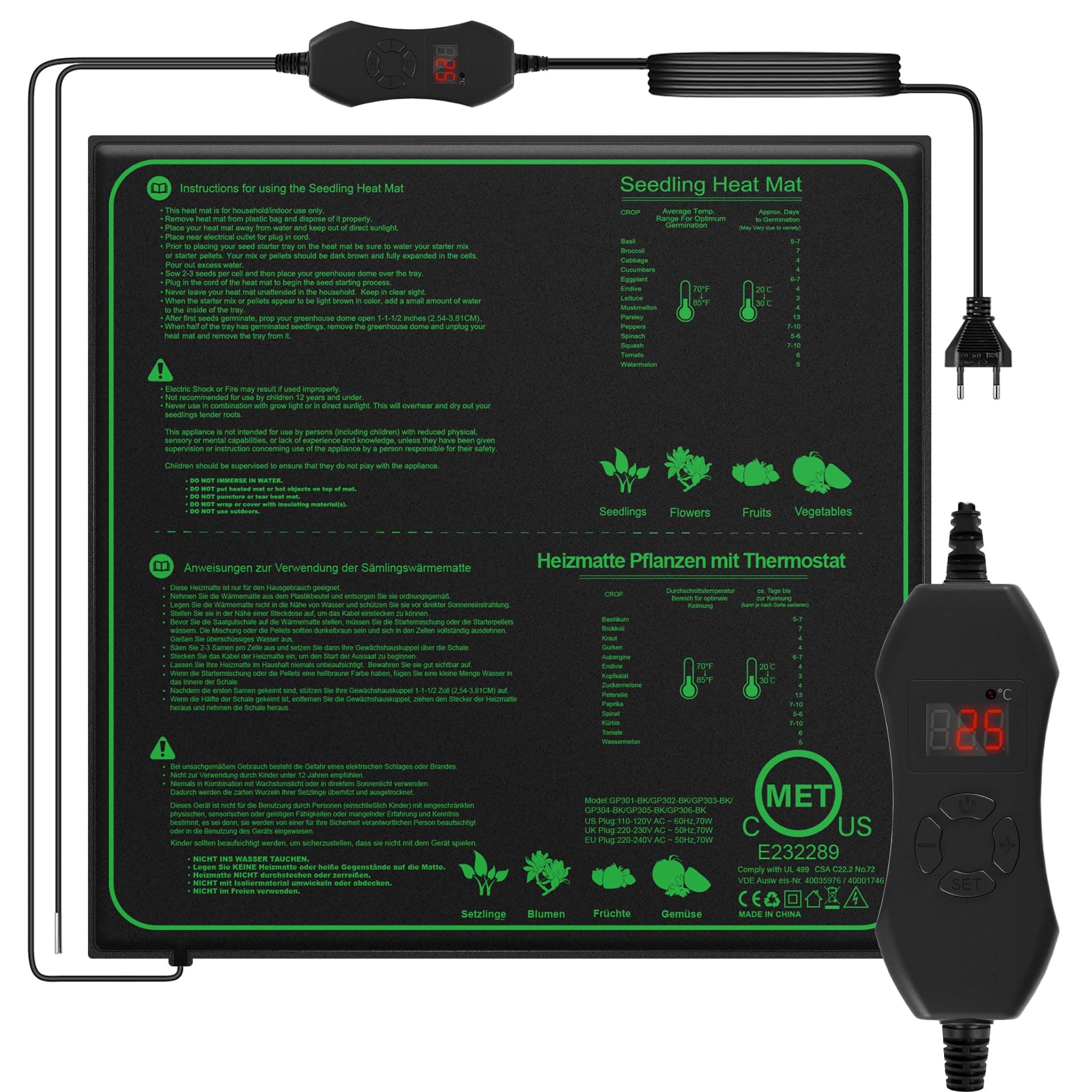 Mojimdo 70W Heizmatte Pflanzen mit Thermostat - Schnelle Erwärmung, Feuerschutz, Wärmematte zur Keimung und Temperatur-Regulierung, ideal für Sämlinge, Haustiere und Reptilien (70W - 1er Pack) 50x50cm - 1er Pack