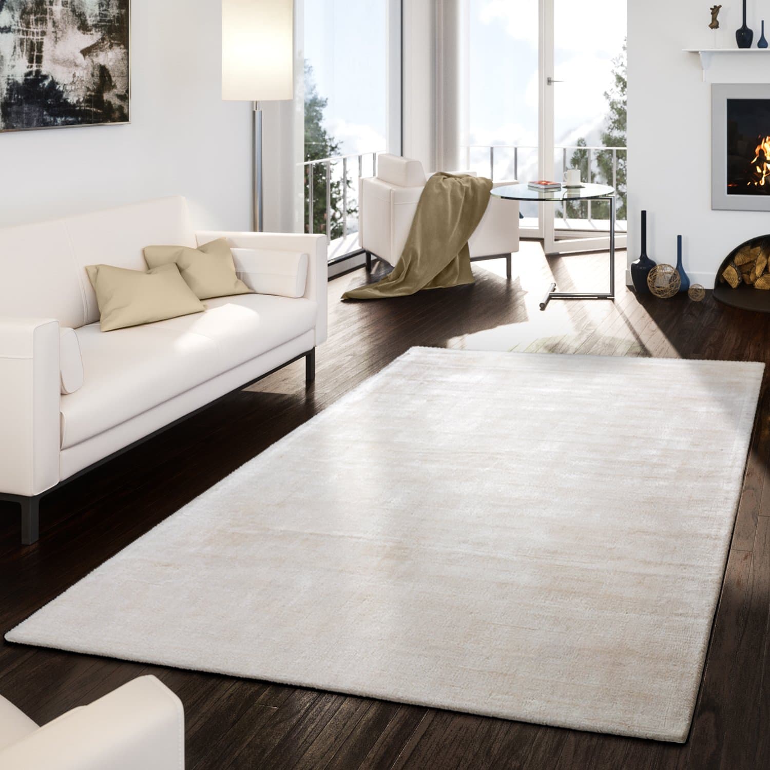 TT Home Wohnzimmer Teppich Viskose Kurzflor Unifarben Used Look Abstraktes Design Modern, Farbe: Beige Creme, Größe:200x300 cm 200x300 cm Beige Creme
