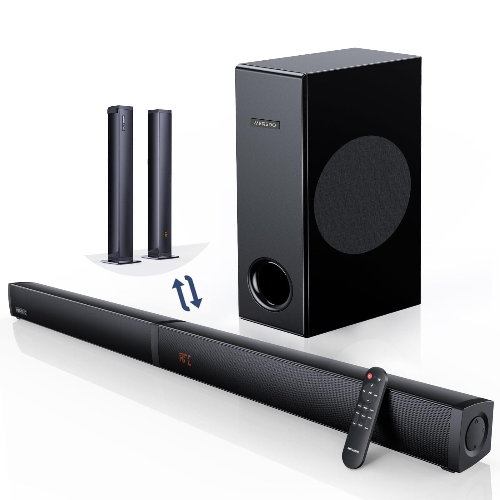 MEREDO Soundbar für TV Geräte PC Gaming Soundbar mit Subwoofer 2.1CH Abnehmbare 2-in-1 Computer Lautsprecher USB Audio Übertragung und verstellbarem Bässen/Höhen 5 EQ - HD-ARC/BT 5.4/Optisch/AUX-80cm Unterstützt USB TO PC
