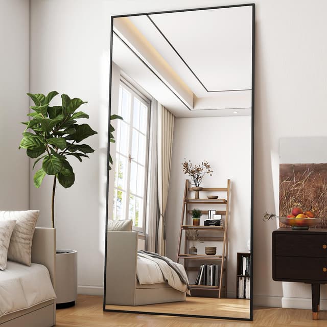 BEAUTYPEAK 76x180 cm Übergroßer Großer Ganzkörperspiegel, Standspiegel hängend oder lehnend an die Wand, Groß Bodenspiegel mit Ständer für Schlafzimmer, Wohnzimmer oder Ankleidezimmer, Schwarz Schwarz 180L x 76B cm