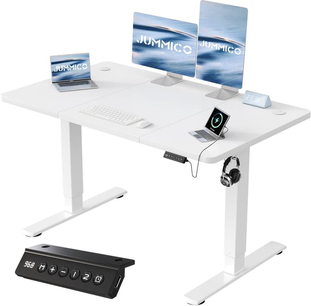 JUMMICO Höhenverstellbarer Schreibtisch mit USB-Ladeanschluss 120 x 60 cm, Schreibtisch Höhenverstellbar Elektrisch, Steh-Sitz Tisch Stehpult Verstellbarer Computertisch,Standing Desk,Weiß Weiß 120 x 60 cm
