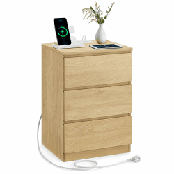 VASAGLE Kailyn Kollektion - Nachttisch mit Steckdosenleiste, Beistelltisch, 3 Schubladen, 2 AC-Steckdosen, 2 USB-A-Anschlüsse, modern, Sstrohgelb LET631Y70 1 Strohgelb