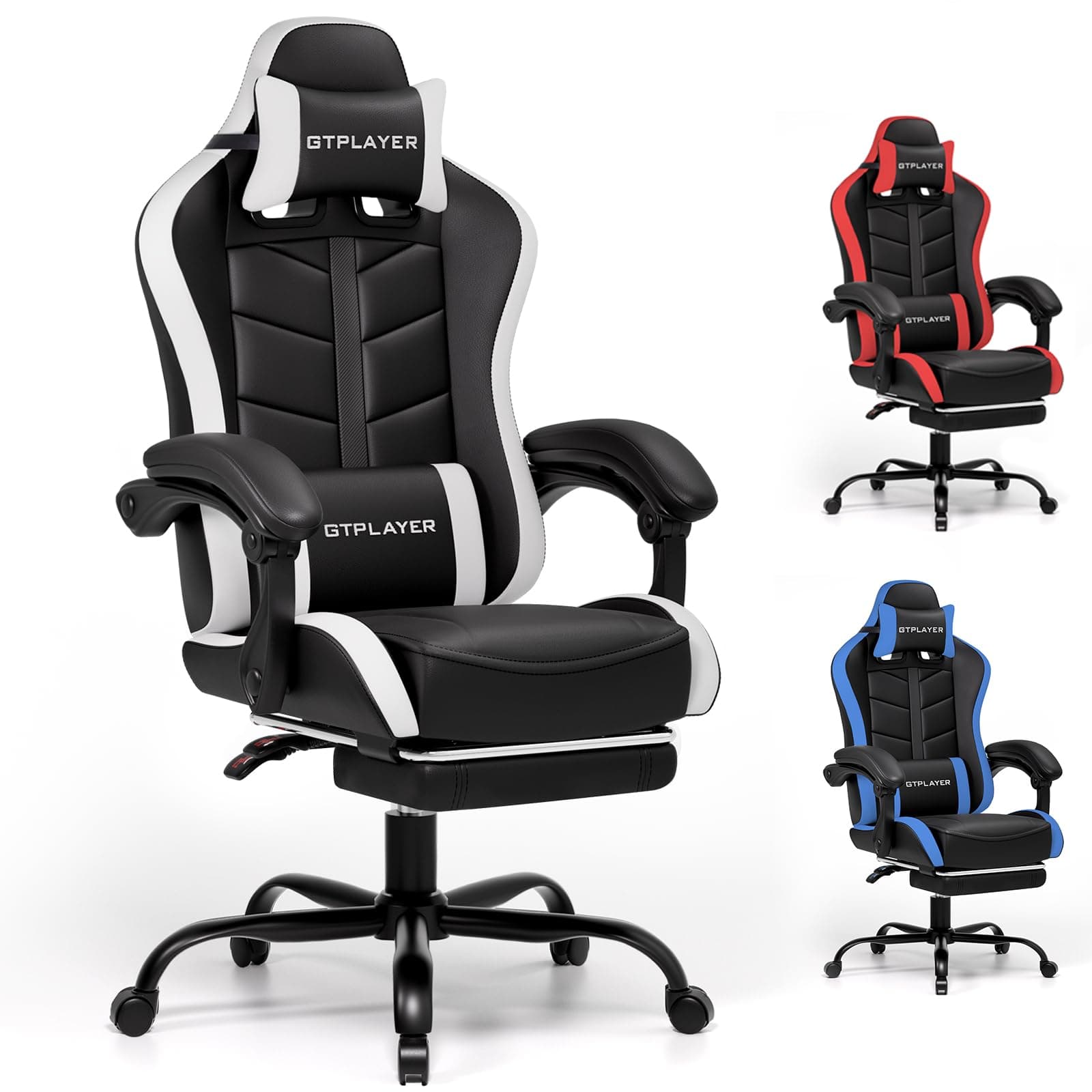 GTPLAYER Gaming Stuhl, Bürostuhl Gamer Stuhl, Ergonomischer Gamer Sessel mit Fußstütze, Gaming Chair PU Leder PC-Stuhl Verbreiterte Rückenlehne 150KG, Weiß