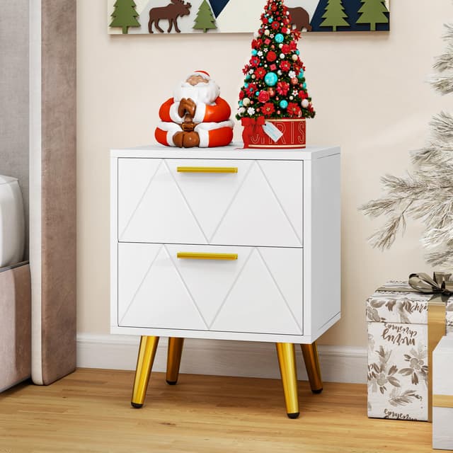 YITAHOME Nachttisch mit 2 Schubladen, 2 USB-Anschlüssen und Steckdosen, Nachtkommode mit Goldenen Metallbeinen und Griffen, Beistelltisch mit Stauraum für Wohnzimmer, Schlafzimmer, 40x30x52cm, Weiß 40 x 30 x 52 cm 2 Schubladen Weiß