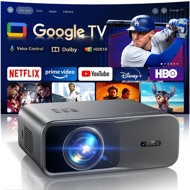Smart Beamer mit Google TV & Netflix/Disney+, Dolby Audio, 1000 ANSI Beamer 4K Heimkino/Outdoor Autofokus Trapezkorrektur, HDR10, Sprachsteuerung, WiFi Bluetooth Full HD Projektor 4K HDMI ARC Grau