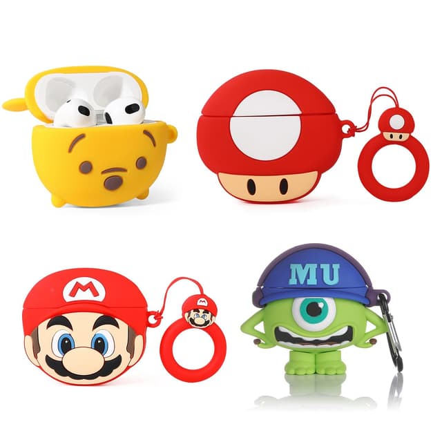 (4 Packung) Hülle für AirPods 3rd Erzeugung Ohrhörer(2022), XMBYGY Silikon Aufladung Fall Schutz Abdeckungen mit Niedlich Cartoon Haut Design für AirPods 3, mit Karabiner (CTMrQ+RDWN+Mario+Mushroom)
