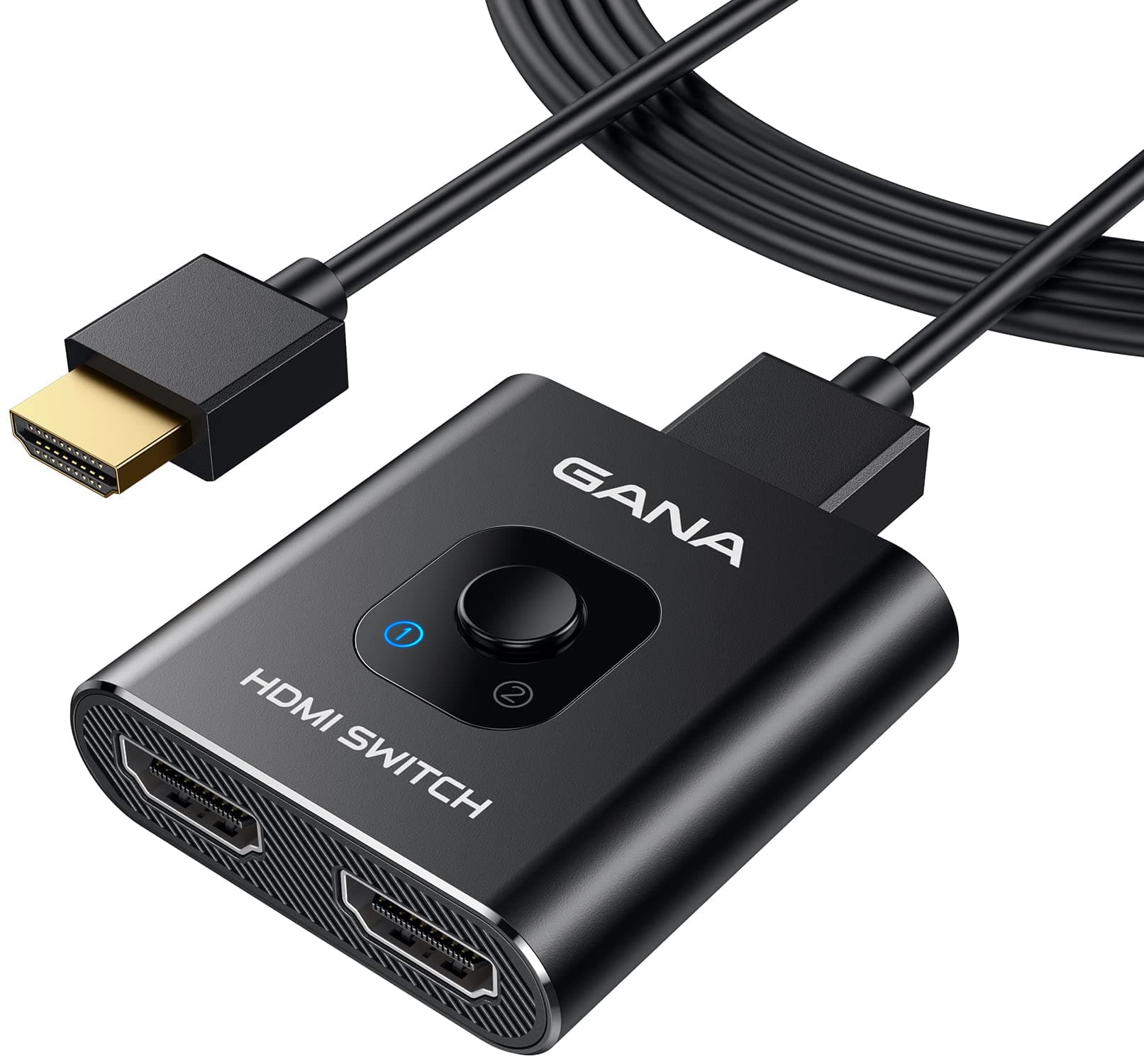 GANA HDMI Splitter 4K 60Hz 2 in 1 Out Switcher Mit 1m Kabel, Aluminiumgehäuse, HDCP2.2 UHD 3D für PS5/4, Xbox, Blu-Ray DVD, Fire TV Stick, Chromecast, Monitore Black
