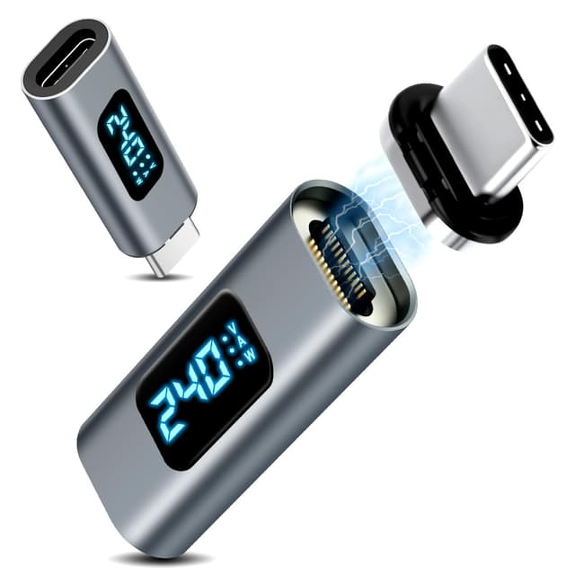 Quevati 2 Pack USB C Magnet Adapter, 24Pin USB4 Stecker zu Buchsen Adapter 240W 48V/5A, 8k@60Hz Videoübertragung, 40 Gbps Datenübertragung 2 Magnetadapter + Digitalanzeige