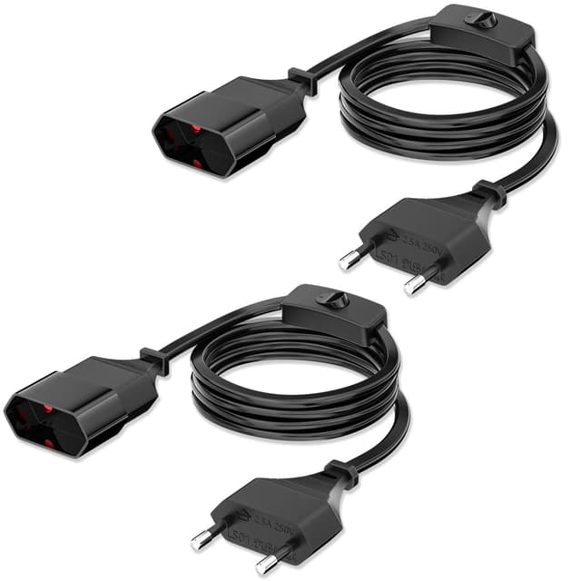 2M Stromkabel Euro Netzkabel Anschlusskabel, Netzkabel mit flachem Eurostecker und Schalter, Verlängerungskabel für Typ-C-Eurostecker auf Typ-C Eurobuchse (0,75 mm²) für TV PC Computer, Schwarz