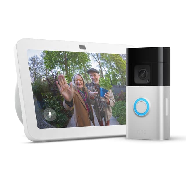 Echo Show 8 (Neueste Generation) | Weiß + Ring Akku-Videotürklingel Plus