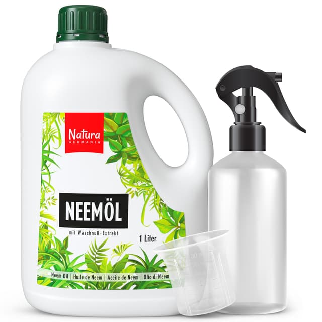Natura Germania® Neemöl 1000ml mit Waschnußextrakt mit Sprühflasche und Messbecher - Ergibt 100 LITER sprühfertige Lösung - Neem Spray zur natürlichen Pflanzenpflege für Zimmerpflanzen/Gartenpflanzen 3-teiliges Set