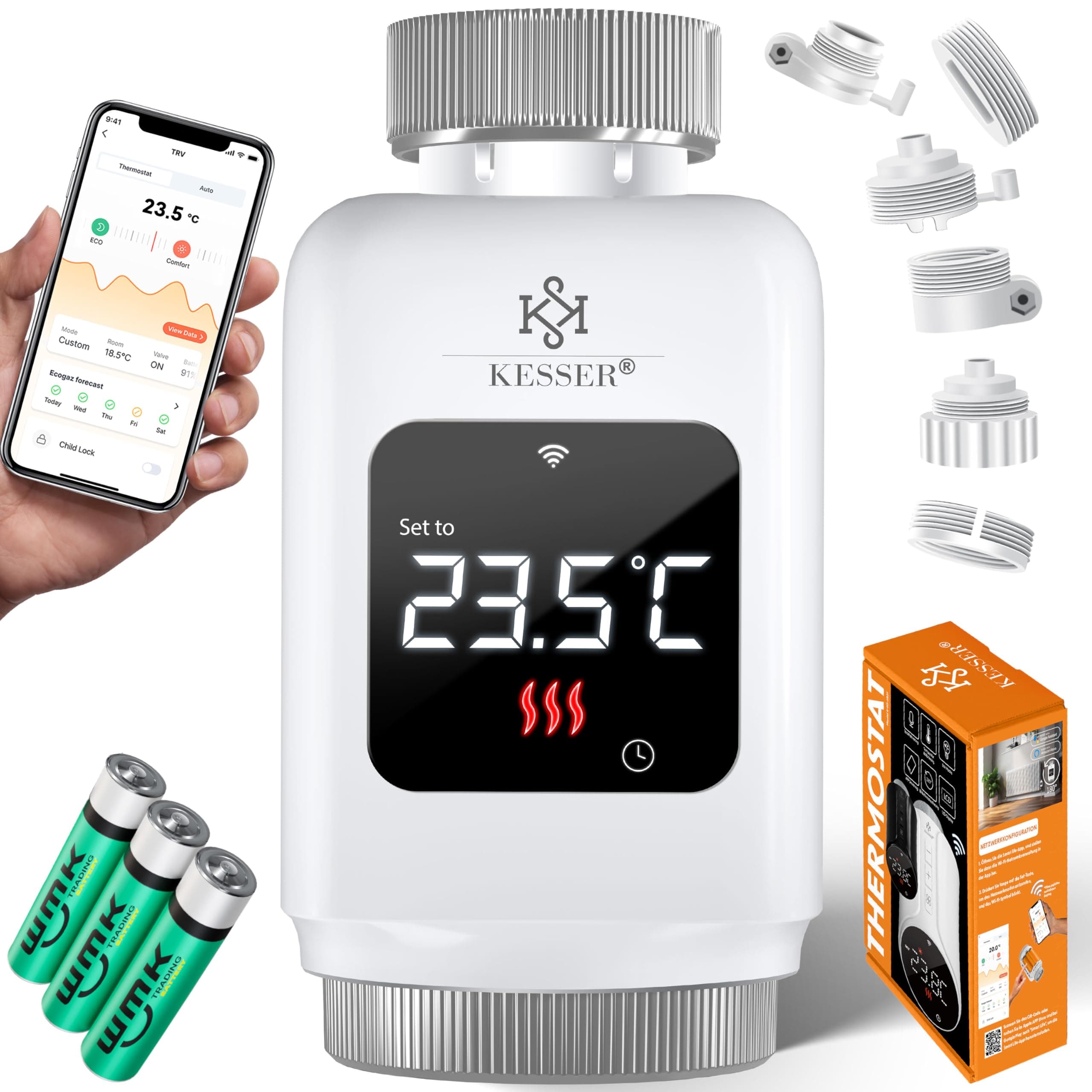 KESSER® Heizkörperthermostat 3er Set WiFi Heizungsregler | Heizungsthermostat WLAN mit Smart Home App Steuerung | Thermostat Alexa, Google Assistant mit 6 Heizkörperventilen | Energie & Kosten sparen Eckig 3 Stück Weiß