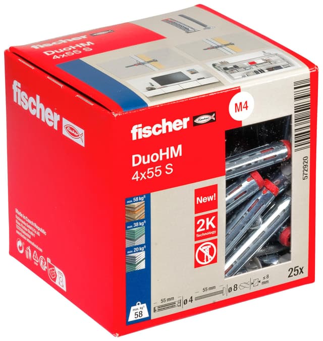 fischer Hohlraumdübel DuoHM 4 x 55 S PZ, Plattendübel mit metrischer Panheadschraube und PZ-Antrieb zum Befestigen von TV-Halterungen, Leuchten, Wandregalen, uvm. in Plattenbaustoffen, 25 Stück 4 x 55 DuoHM PZ-Antrieb