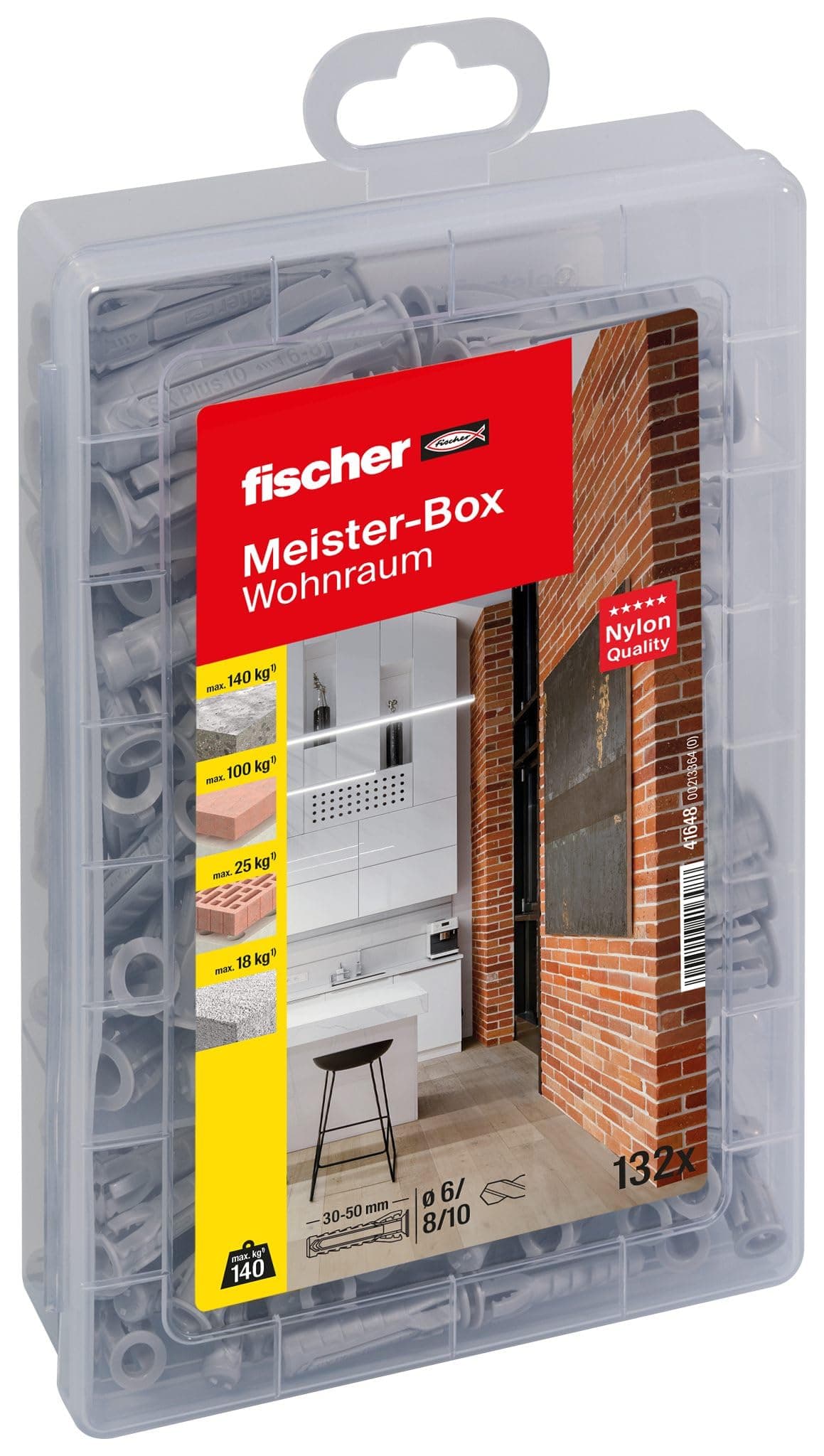 fischer Meister-Box Wohnraum, 132-teiliges Dübelset, 6-10 mm Durchmesser, 30-50 mm Länge, für Heimwerker und Profis, optimal für Ziegelwände Grau
