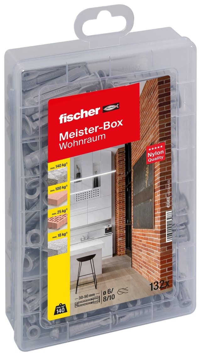 fischer Meister-Box Wohnraum, 132-teiliges Dübelset, 6-10 mm Durchmesser, 30-50 mm Länge, für Heimwerker und Profis, optimal für Ziegelwände Grau
