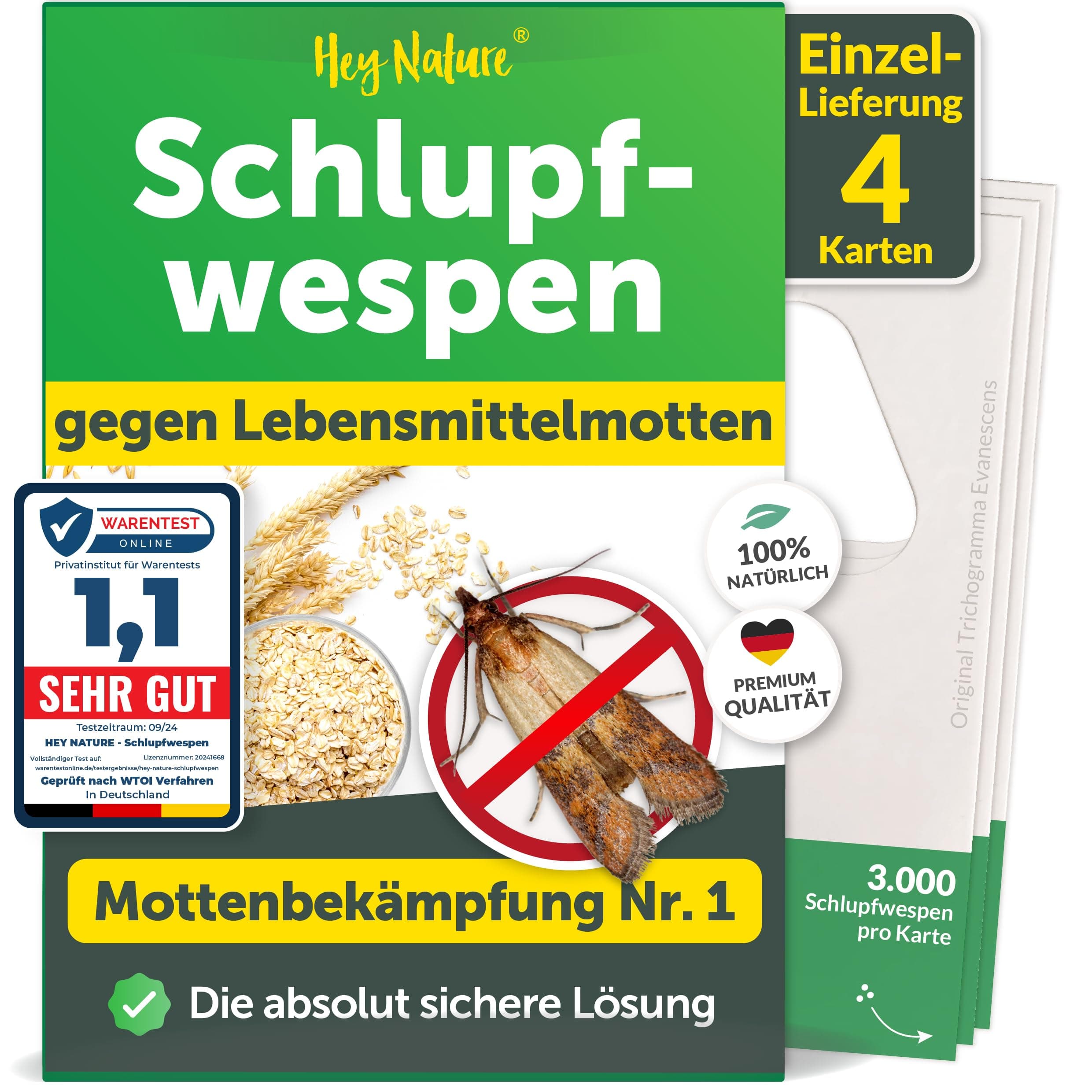 Schlupfwespen gegen Lebensmittelmotten - 1 x 4 Karten - Mit Schlupfwespen effektiv Lebensmittel-Motten bekämpfen - Alternative zu Lebensmittelmotten Falle, Mottenkugeln & Mottenspray 4 Karten à 1 Lieferung